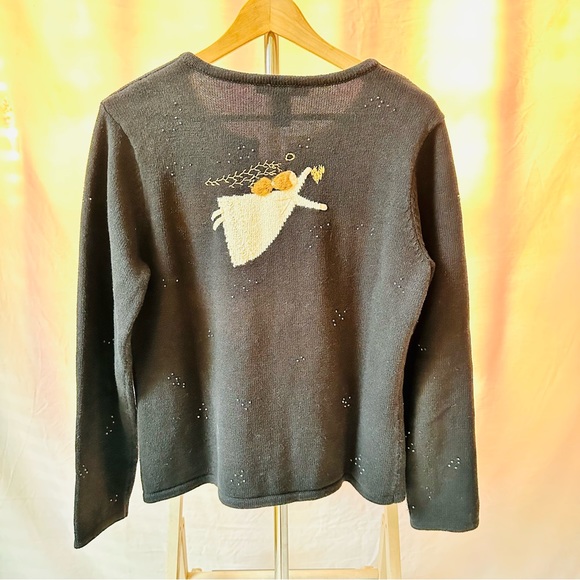 Vintage Carroll Reed Black Cardigan Angels Holiday Size Medium Cotton - Picture 4 of 10